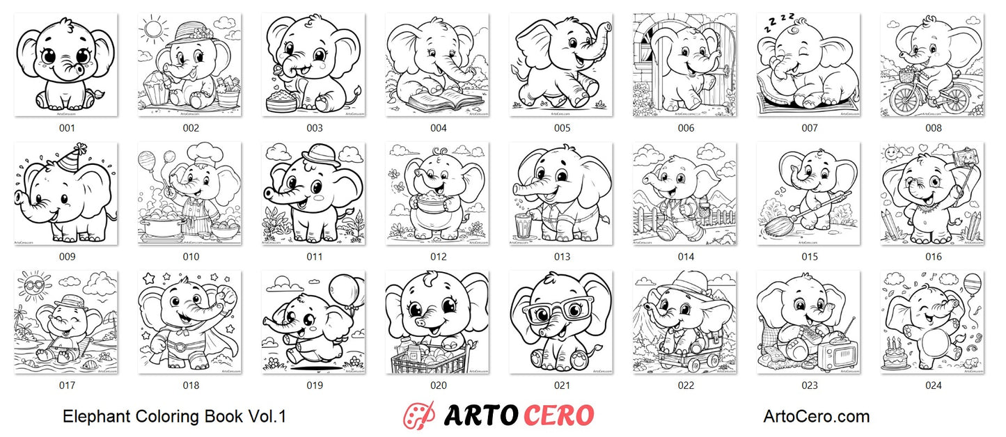 Elephant Coloring Digital Book Vol.1 - ArtoCero.com