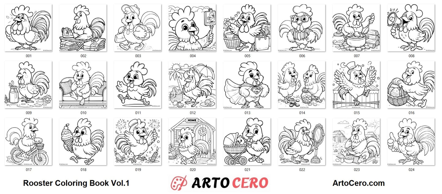 Rooster Coloring Digital Book Vol.1 - ArtoCero.com